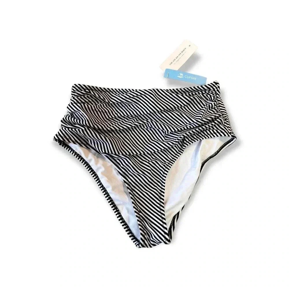 Cupshe Womens NWT Black White Striped Bikini Bottom Sz‎ S Pool Summer Swim